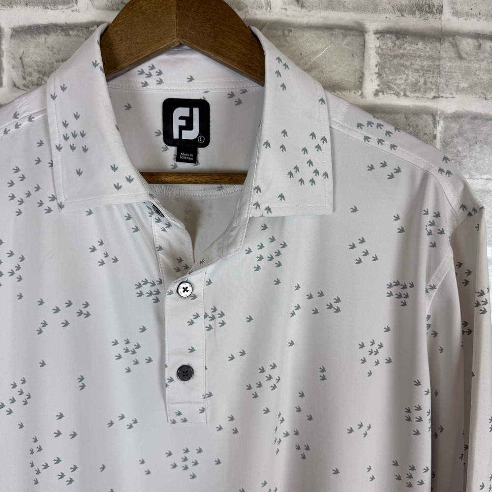 FootJoy Mens Lisle Bird Print AOP Golf Polo Shirt White Grey FJ Logo Large